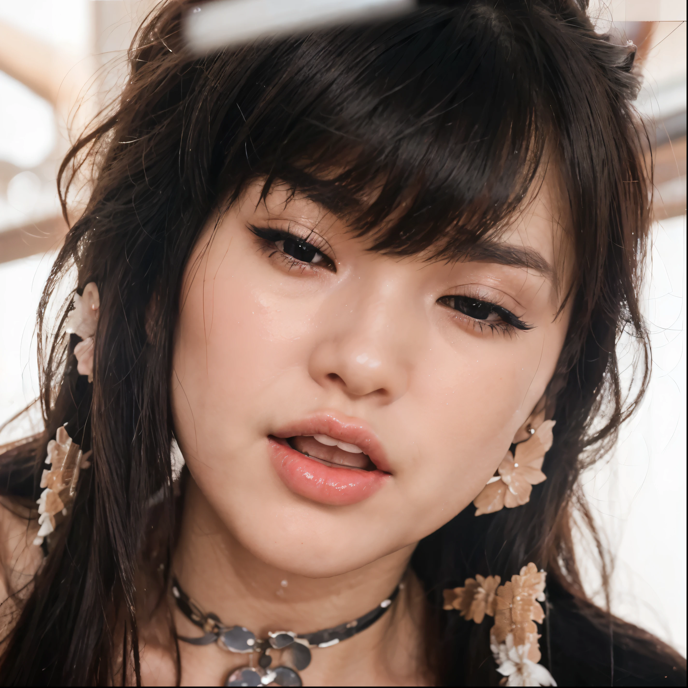 Close up face, a beautiful woman,gorgeous Japanese girl, Adorable,very cute, opens her mouth, sticks out her tongue, drools in her mouth, Red lips, eyes closed, face flushed, black hair with bangs, sensuality, sweaty face, amazing, best quality, hair details, face detail, realistic, extremely detailed, 8k