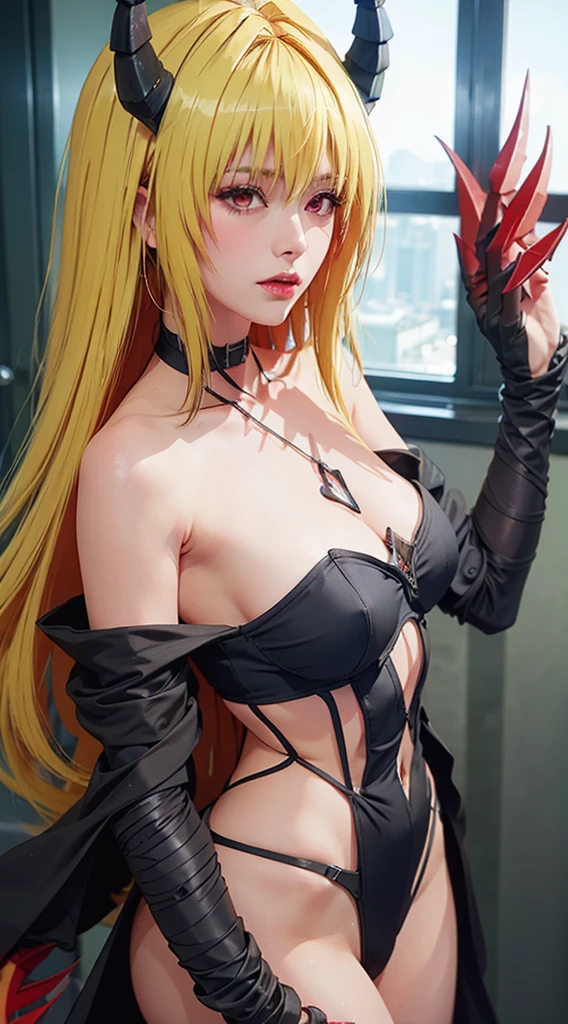 DarknessLora, blonde hair, red eyes, very long hair, horns, claws, choker, hair intakes, bare shoulders, revealing clothes, ((old woman:1.5))