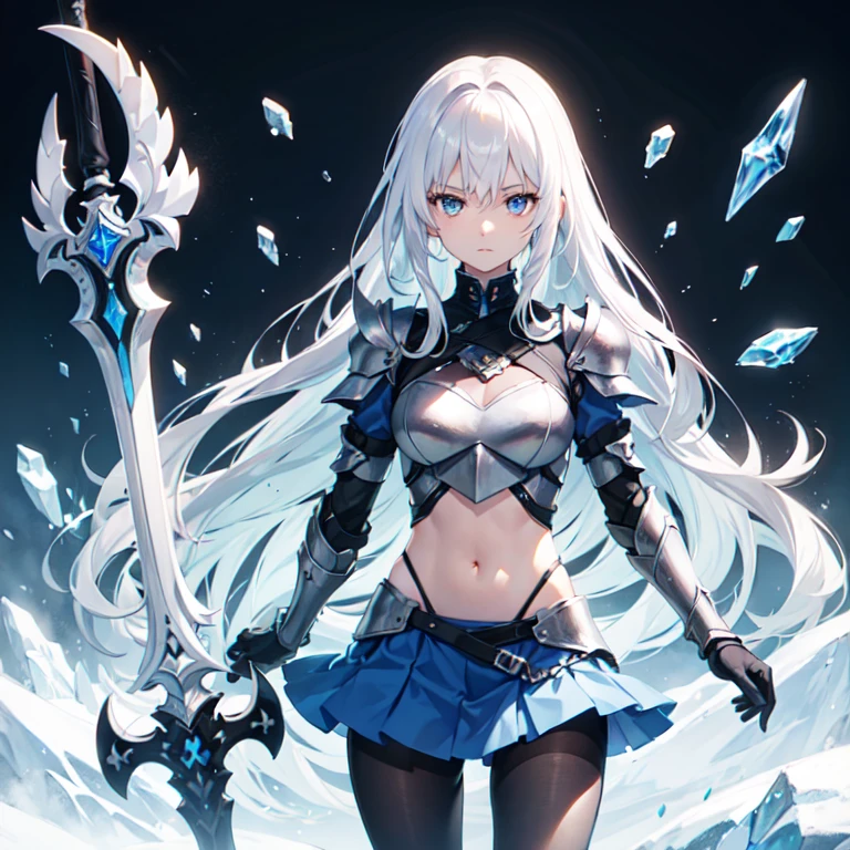 A long silver-white hair，Girl with crystal blue eyes，She wore a tights that looked like a combat suit，Places such as wrists and knees are hard-looking armor，face expressionless，There is no emotion in the eyes，Icy cold, A long black sword，A long white sword, exposed belly