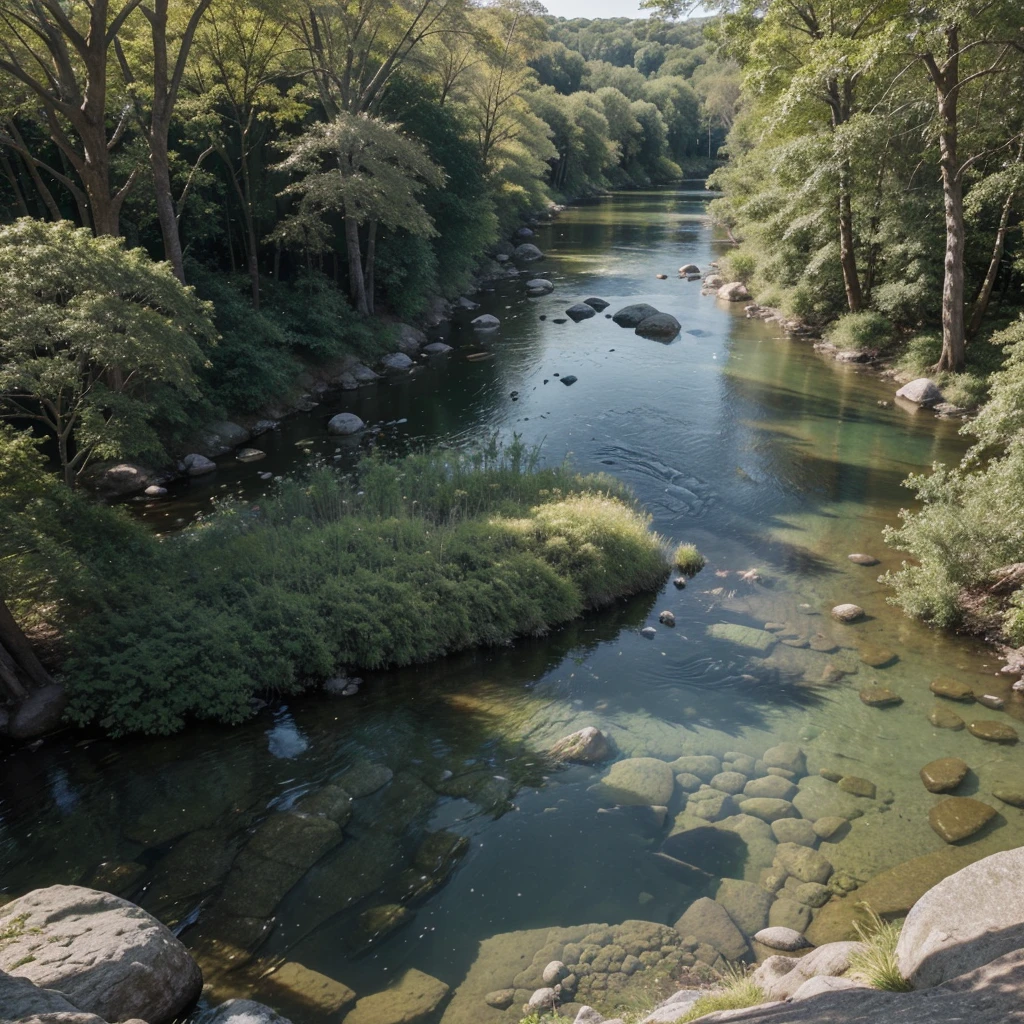 a vast forest with a diversity of trees and a river with crystal clear water and stones on the riverbank, with soft sunlight view in perspective from above band