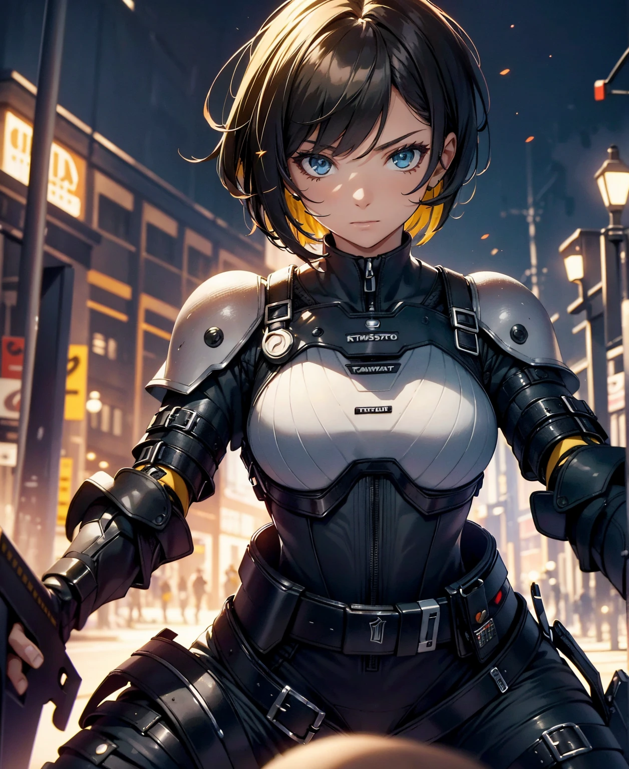 best qualtiy,tmasterpiece,Ultimate Resolution,downy,highly colorful,Colorful,Women Combatants,(Kneeling Pose)(Pointing at you in the ass)a matural female,Black Super Short Hair,Tight combat suit,tight suits,Steel City Background,the night,Normal posture,Normal posture