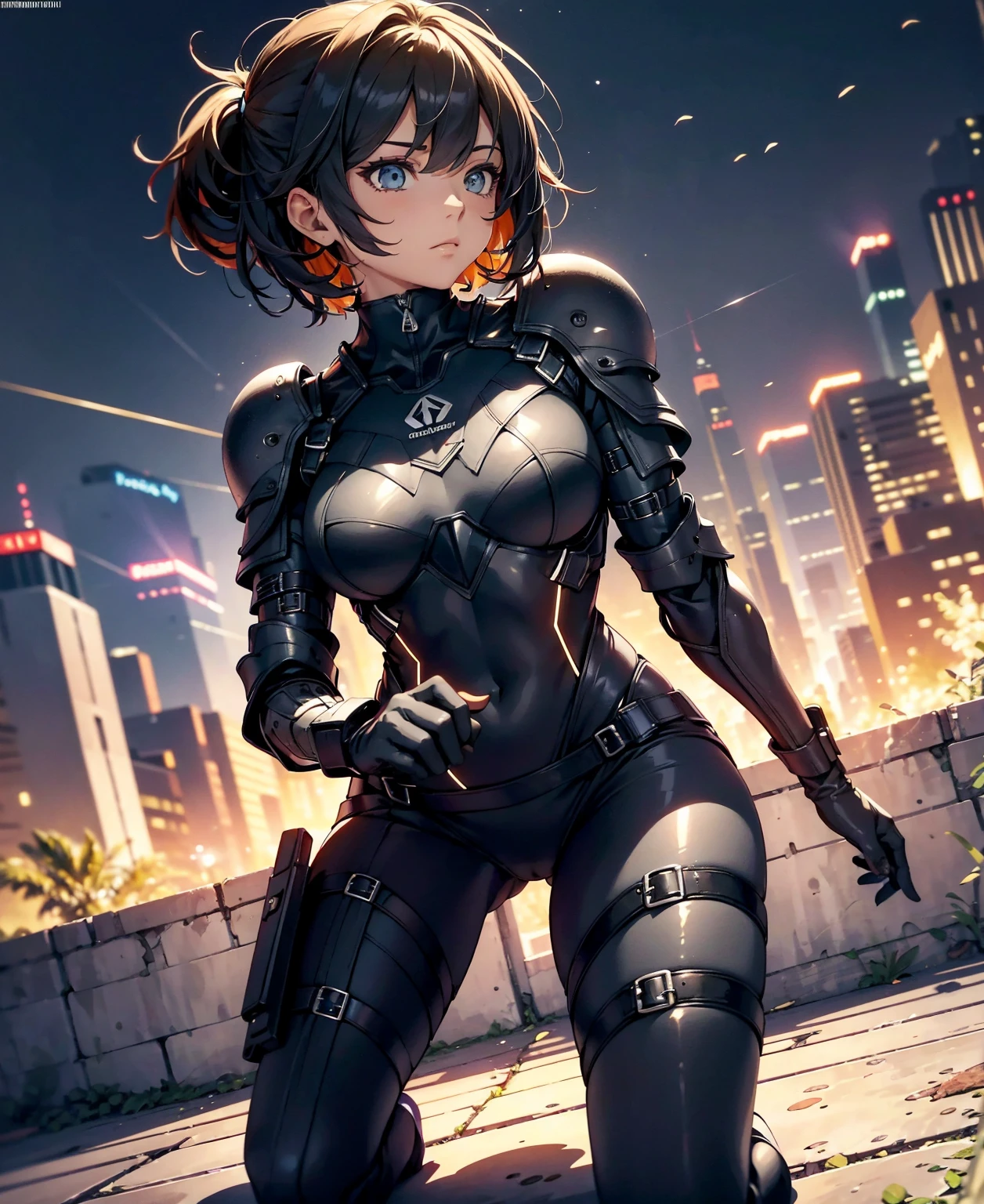 best quality，T Masterpiece，ultimate resolution，fluff，very colorful，colorful，female combatant，（kneeling pose）（pointing at you with his butt）mature woman，Black Super Short Hair，tight combat uniform，tight suit，Steel City Background，night，normal posture，normal posture