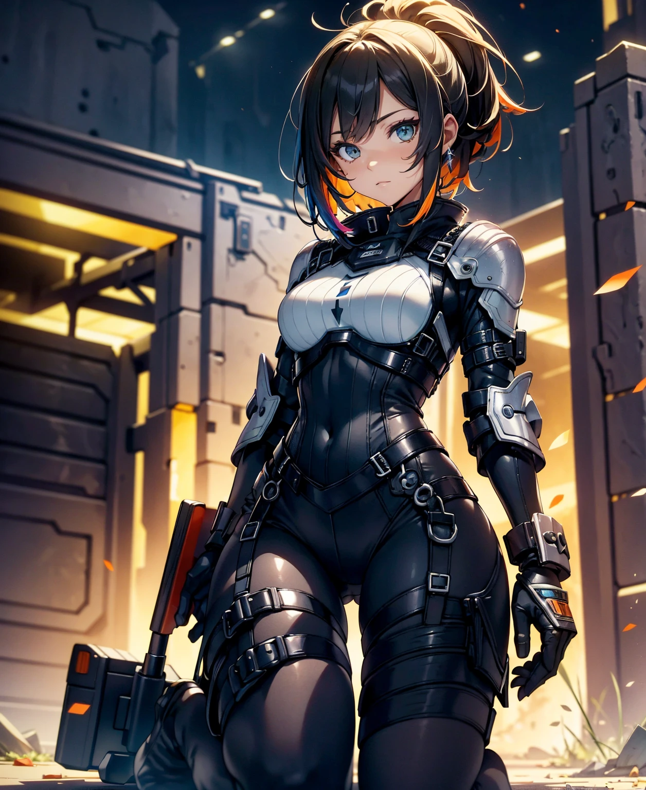 best qualtiy,tmasterpiece,Ultimate Resolution,downy,highly colorful,Colorful,Women Combatants,(Kneeling Pose)(Pointing at you in the ass)a matural female,Black Super Short Hair,Tight combat suit,tight suits,Steel City Background,the night,Normal posture,Normal posture