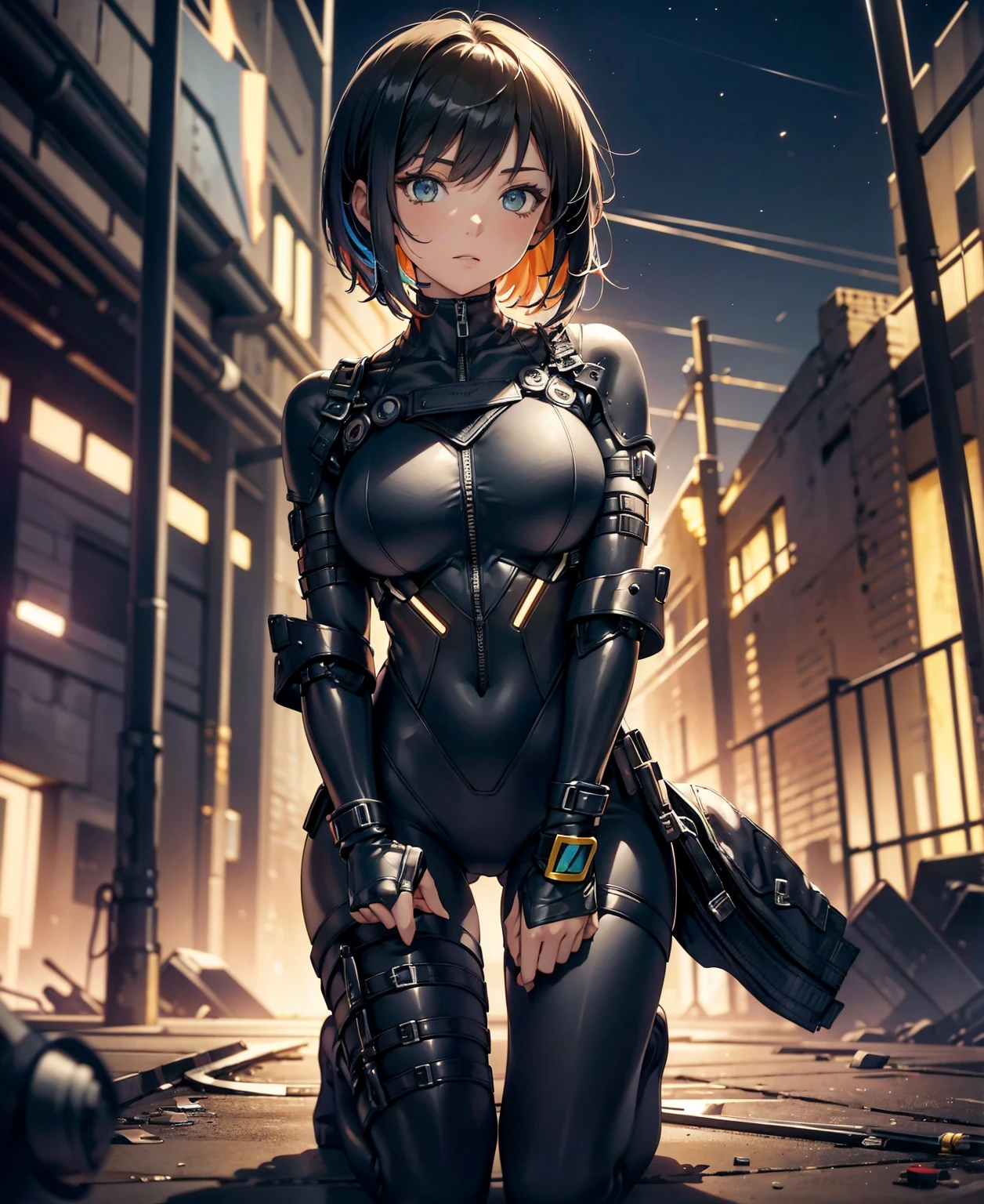 best qualtiy，tmasterpiece，Ultimate Resolution，downy，highly colorful，Colorful，Women Combatants，（Kneeling Pose）（Pointing at you in the ass）a matural female，Black Super Short Hair，Tight combat suit，tight suits，Steel City Background，the night，Normal posture，Normal posture