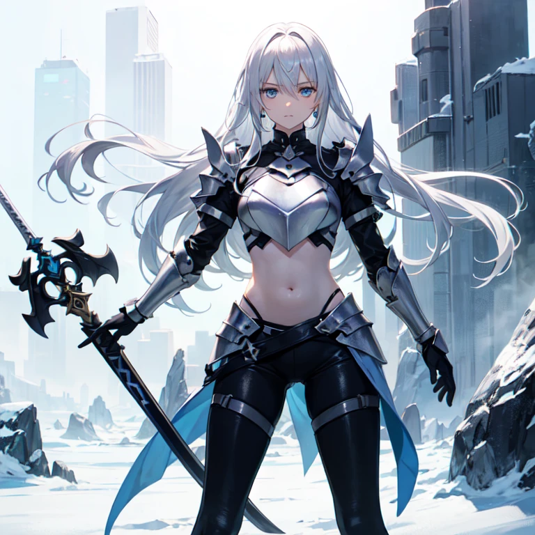 A long silver-white hair，Girl with crystal blue eyes，She wore a tights that looked like a combat suit，Places such as wrists and knees are hard-looking armor，face expressionless，There is no emotion in the eyes，Icy cold, A long black sword，A long white sword, exposed belly