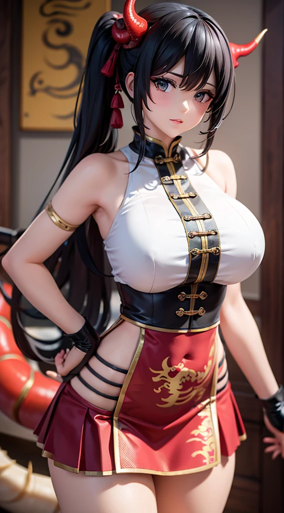 masterpiece, best quality, 8k, hires, detailed, 1girl, mature,detailed skin texture,black hair,long hair,pony tail,huge breast, half body, detailed face, cute face, young face, pure face,detailed red chinese dress,sexy deep side slit,tight short skirt,dragon, (shenron in the background:1.3), Shenron,