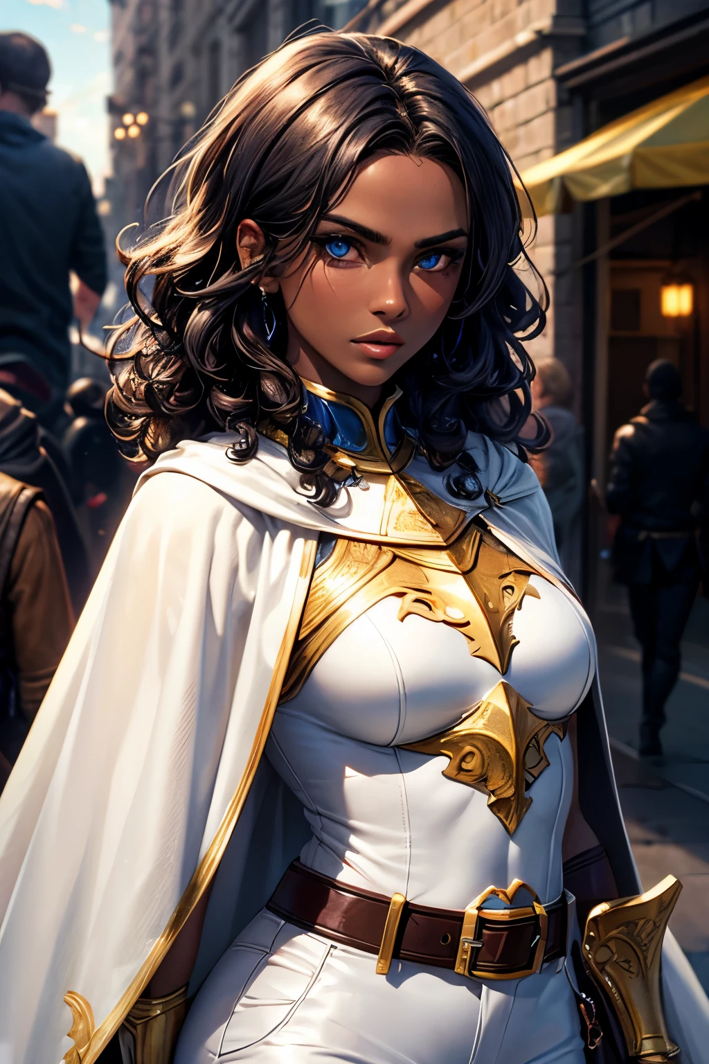 (best quality, masterpiece:1.2), ((perfect face)), mature woman, detailed hair, detailed eyes, detailed lips, (blue eyes), dark hair, (dark skin, darkskin), curly hair, (glowing eyes), small mouth, (small breasts), [abs:0.4], (upperbody), looking at viewer, glare, sword weapon, realistic colors, studio lighting, medieval city market, (gold armor, white pants, white cape, belt)