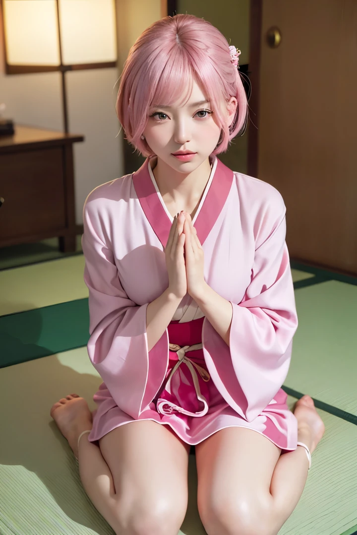 (8K, top-quality, masterpiece:1,2), (reallistic, Photorealsitic:1.37), Super Detail, One girl,), (Highly detailed), (beautifully detailed eyes), (of the highest quality), (super detailed ), (masterpiece), (Detailed face),20yr old, ,1 girl, full body, pink hair,Very short hair, medium breasts, clothed, Perfect Lighting, pussy and breast focus, looking at viewer, aroused face, naughty face, ((New Year's greetings, sitting seiza, bowing, bowing from seiza posture)), ((bright kimono, red and pink kimono dress, furisode)), tatami, Japanese-style room