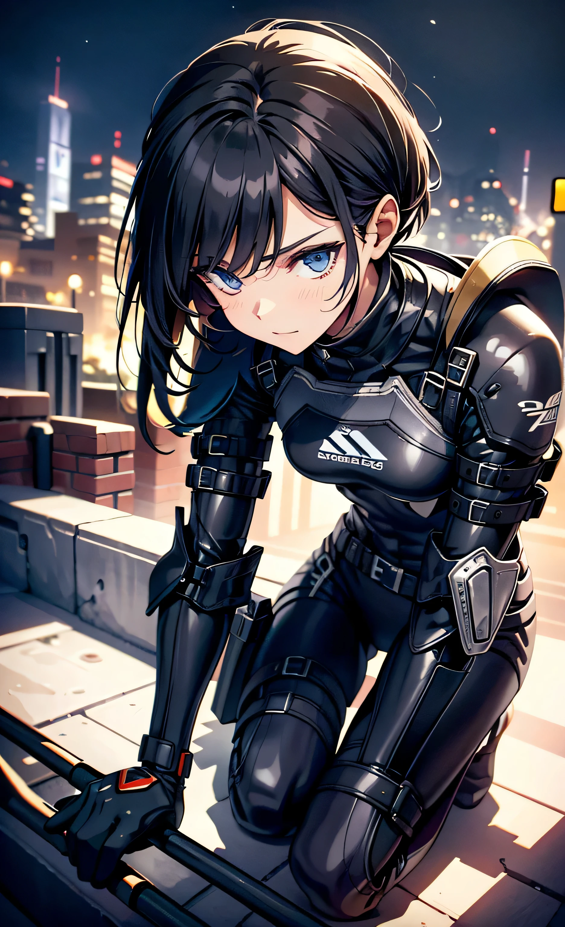 best qualtiy,tmasterpiece,Ultimate Resolution,downy,highly colorful,Colorful,Women Combatants,(Kneeling Pose)(Pointing at you in the ass)a matural female,Black Super Short Hair,Tight combat suit,tight suits,Steel City Background,the night,Normal posture,Normal posture