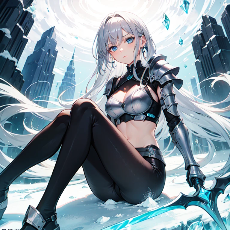 A long silver-white hair,Girl with crystal blue eyes,She wore a tights that looked like a combat suit,Places such as wrists and knees are hard-looking armor,face expressionless,There is no emotion in the eyes,Icy cold, A long black sword,A long white sword, exposed belly