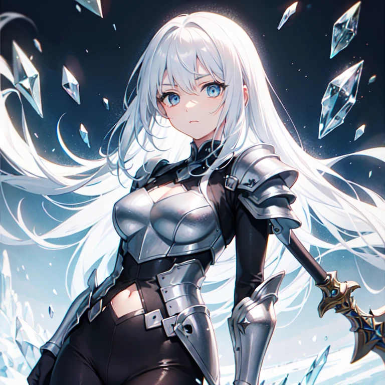 A long silver-white hair,Girl with crystal blue eyes,She wore a tights that looked like a combat suit,Places such as wrists and knees are hard-looking armor,face expressionless,There is no emotion in the eyes,Icy cold, A long black sword,A long white sword, exposed belly