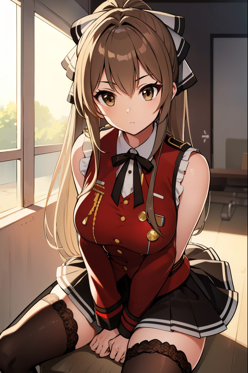 isuzusento, isuzu sento, ahoge, (brown eyes:1.7), light brown hair, long hair, ponytail, hair ribbon, ribbon, (medium breast:1.2),
BREAK aiguillette, ankle boots, black ribbon, black skirt, boots, brown footwear, cross-laced footwear, frilled skirt, frills, jacket, lace-up boots, military, military uniform, pleated skirt, (red jacket:1.5), skirt, thighhighs, uniform, white thighhighs, white ribbon, buttons, (sleeveless:1.5),
BREAK looking at viewer,
BREAK indoors, classroom,
BREAK (masterpiece:1.2), best quality, high resolution, unity 8k wallpaper, (illustration:0.8), (beautiful detailed eyes:1.6), extremely detailed face, perfect lighting, extremely detailed CG, (perfect hands, perfect anatomy),