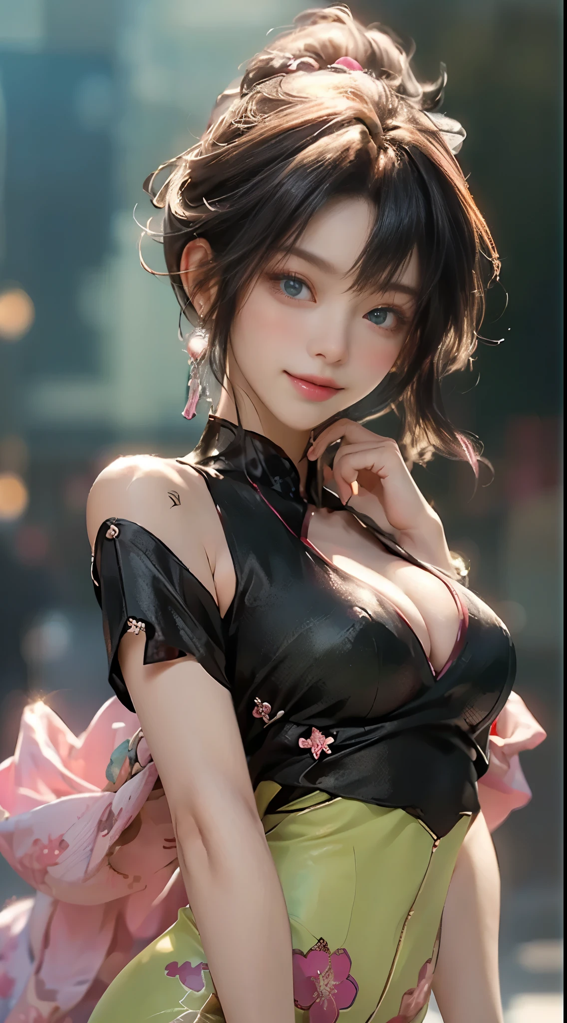 8K, Best Quality, Masterpiece, Ultra High Resolution, 1 Cyberpunk Girl wearing Harajuku style clothes, Beautiful Eyes and Face Details, Masterpiece, Best Quality, Upper Body, Master Work, Excellent Details, High Quality Painting Details, Breath-Breathing Absolute Beauty, Collarbone, Slender Neck, Long Eyelashes, Sweet Eyes, Dynamic Angle Problem Extreme Picture Quality, Charming Smile, Glossy Lips, Supple Fair and Translucent Skin, Rich Details, Bright Colors, Strong Contrast, Soft Light Effects, Clear Outline, Streamlined, Charming smile, sparkling eyes, perfect body proportions, slender waist, large breasts, cleavage.