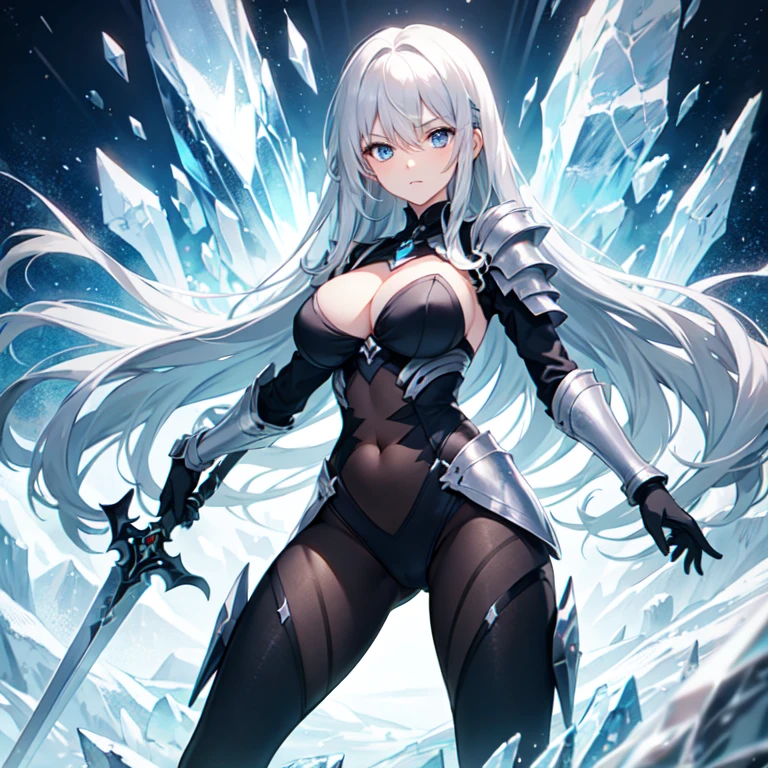 A long silver-white hair,Girl with crystal blue eyes,She wore a tights that looked like a combat suit,Places such as wrists and knees are hard-looking armor,face expressionless,There is no emotion in the eyes,Icy cold, A long black sword,A long white sword, exposed belly big boobs