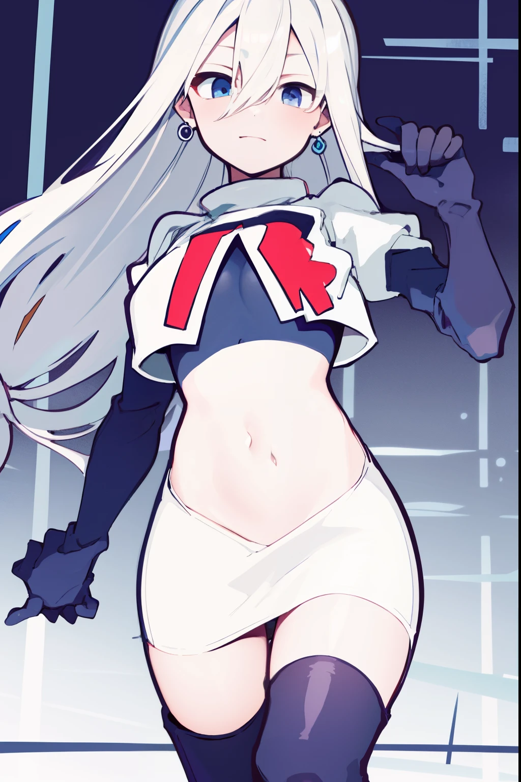 masterpiece, best quality, 1girl, solo, long_hair, looking_at_viewer, hair_between_eyes, jewelry, white_hair, team rocket,team rocket uniform,white skirt,red letter R,crop top,black thigh-high boots,black elbow gloves, scared