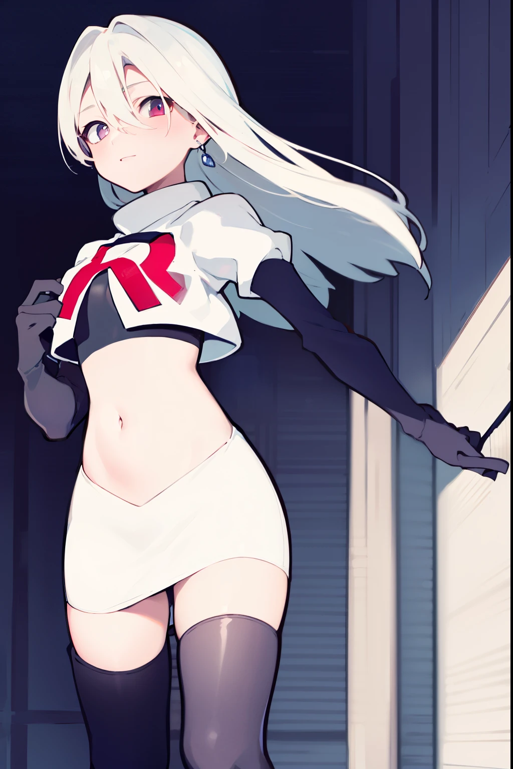 masterpiece, best quality, 1girl, solo, long_hair, looking_at_viewer, hair_between_eyes, jewelry, white_hair, team rocket,team rocket uniform,white skirt,red letter R,crop top,black thigh-high boots,black elbow gloves,
