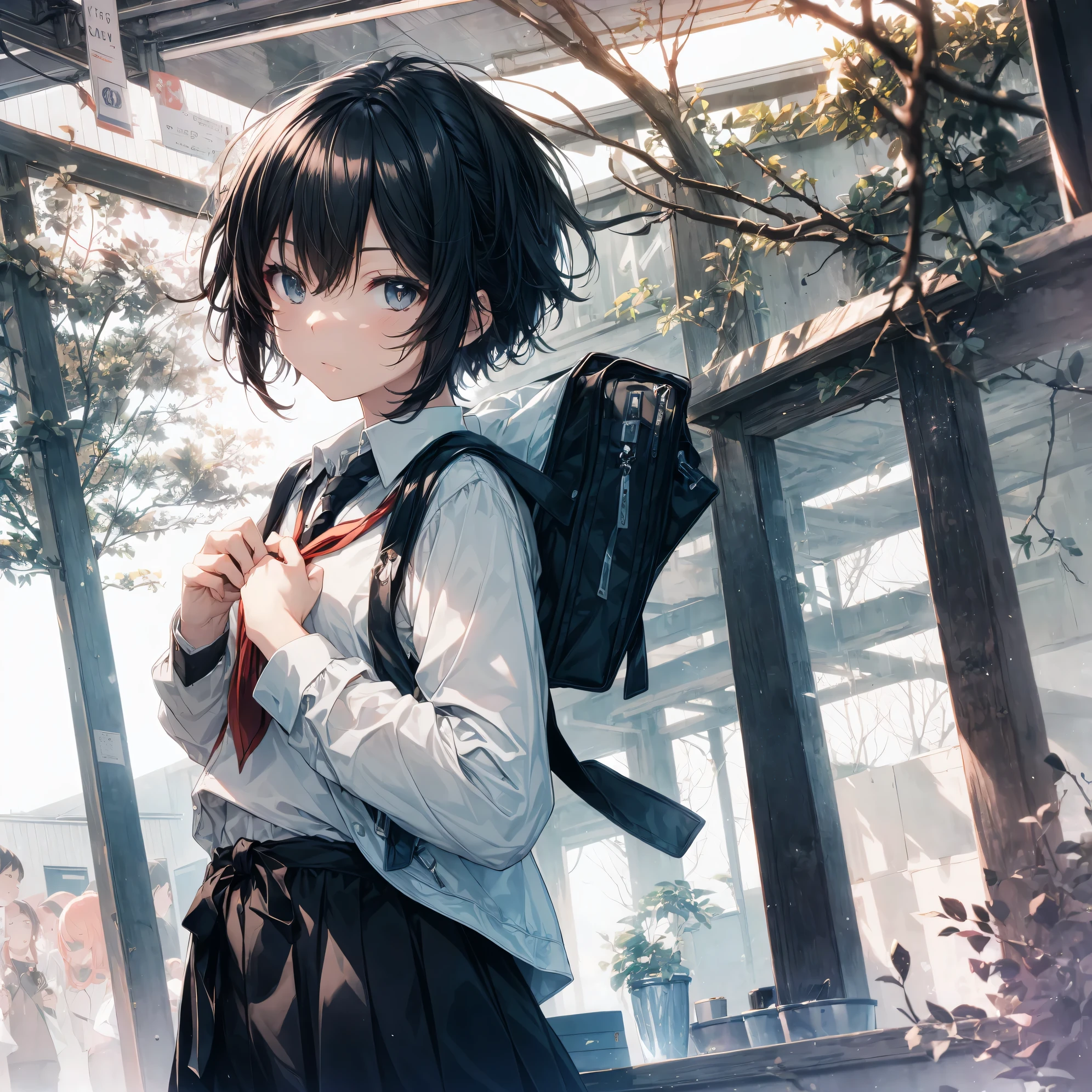 Super high quality by the art god, Ultra-detailed, High resolution, Shinkai Makoto style, anime moe art style, best anime 8K konachan wallpaper, Pixiv Contest Winner, Perfect Anatomy, BREAK,(Please draw a sleepy girl going to school alone.. ),BREAK, a hyperrealistic schoolgirl, (Solo,Lori,,13yea:1.3),Full limbs, complete fingers,a junior gynous attraction, (extra very short hair), hair messy, flat and soft chest, Small butt, groin, Small eyes,Beautiful detailed black eyes, Well-proportioned iris and pupils, disgusted eye, High resolution detailed hair, School uniform, Skirt, On the way to school. BREAK,Ultra-detailed細なスキン, Best lighting by famous artists, 8K, Illustration,
