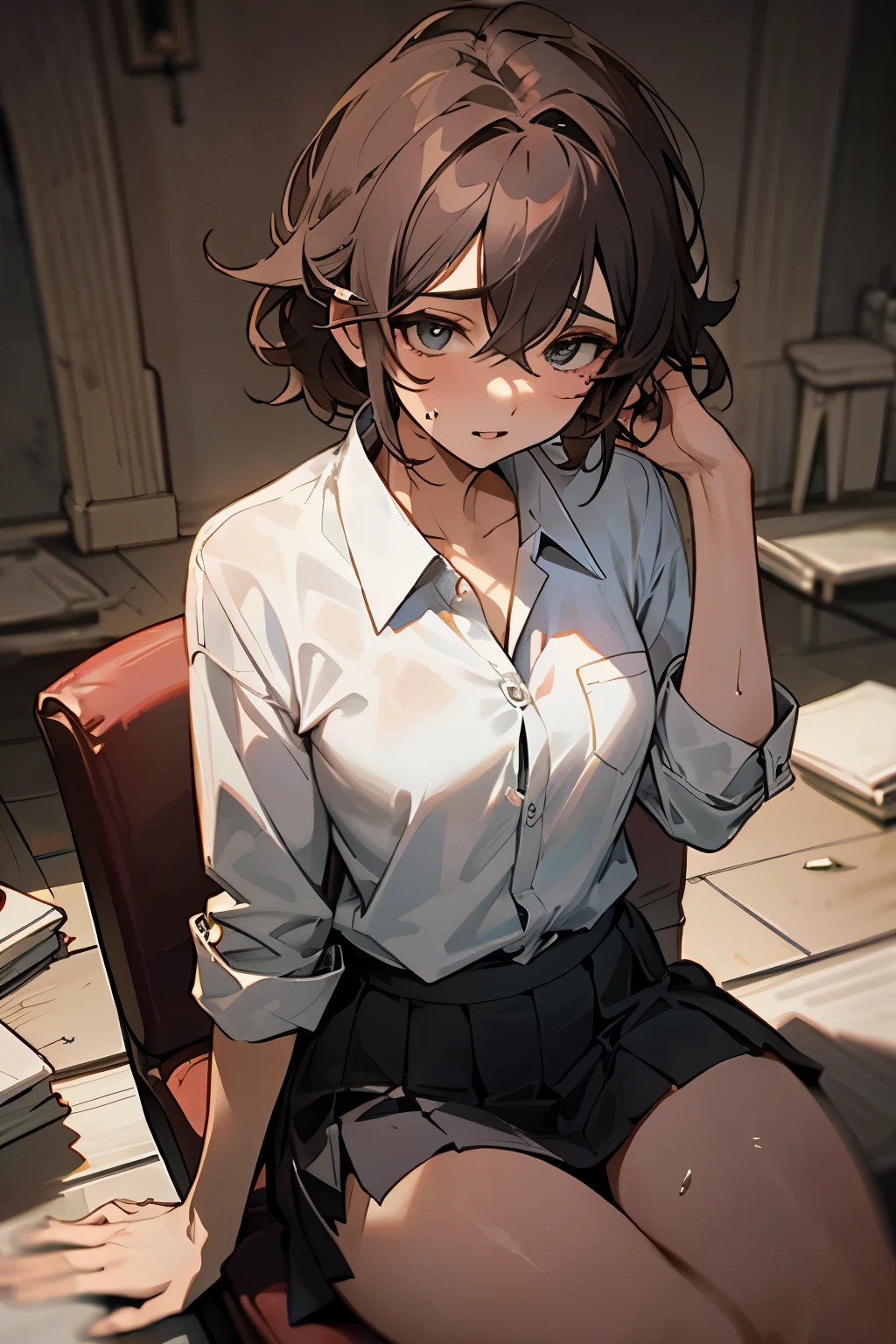 Arti future anime. Birds eye view, dirty woman sitting on chair in dilapidated house, wet messy hair over eyes, detailed bodycon shirt and pleated skirt. vixip, close-up landscape, hurt. Hand drawing, cinematic lighting, highly detailed. White, brown, red. Perfect composition, masterpiece, best quality, 4k, sharp focus. perfect anatomy.
