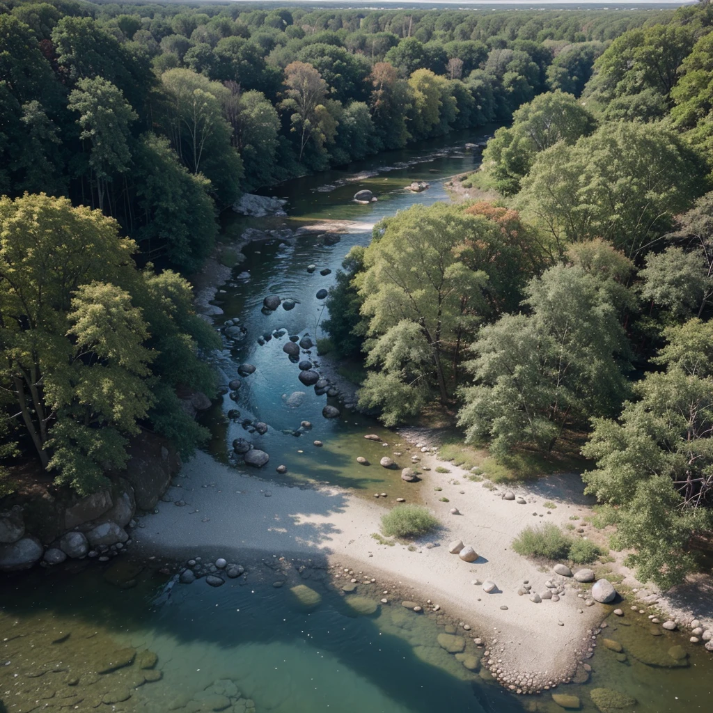 a vast forest with a diversity of trees and a river with crystal clear water and stones on the riverbank, with soft sunlight view in perspective from above band from above