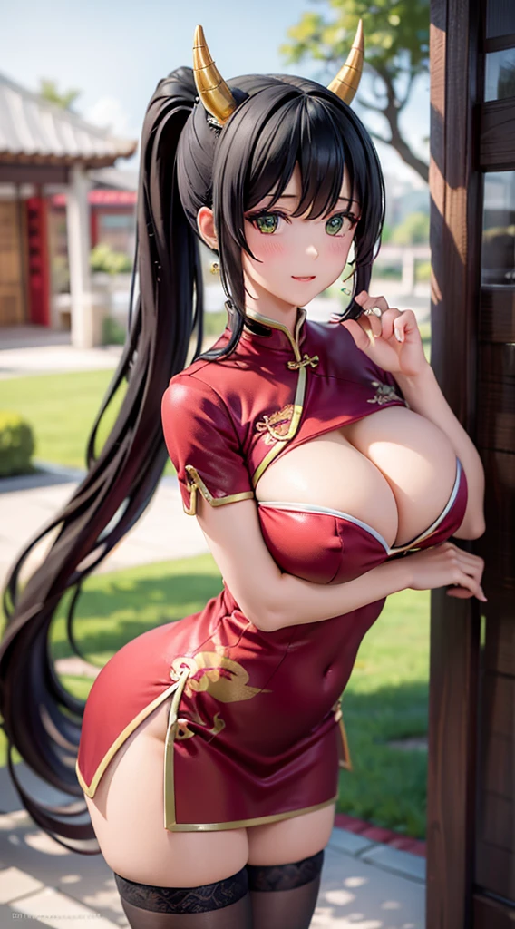 masterpiece, best quality, 8k, hires, detailed, 1girl, mature,detailed skin texture,black hair,long hair,pony tail,huge breast, half body, detailed face, cute face, young face, pure face,detailed red chinese dress,dragon pattern,sexy deep side slit,tight short skirt, (green shenron in the background:1.3),happy new year,