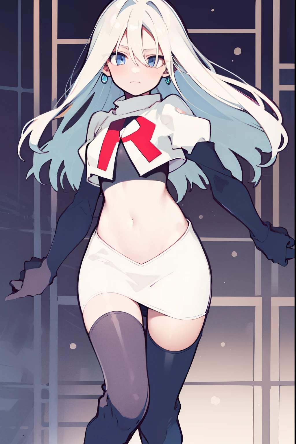 masterpiece, best quality, 1girl, solo, long_hair, looking_at_viewer, hair_between_eyes, jewelry, white_hair, team rocket,team rocket uniform,white skirt,red letter R,crop top,black thigh-high boots,black elbow gloves,