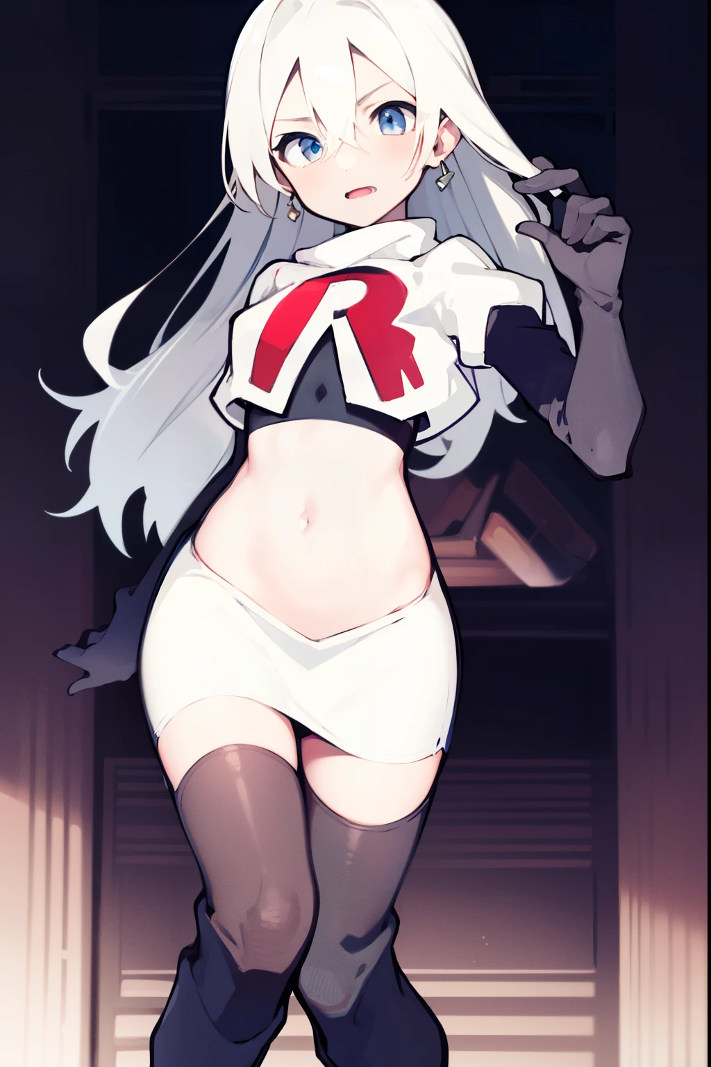 masterpiece, best quality, 1girl, solo, long_hair, looking_at_viewer, hair_between_eyes, jewelry, white_hair, team rocket,team rocket uniform,white skirt,red letter R,crop top,black thigh-high boots,black elbow gloves,