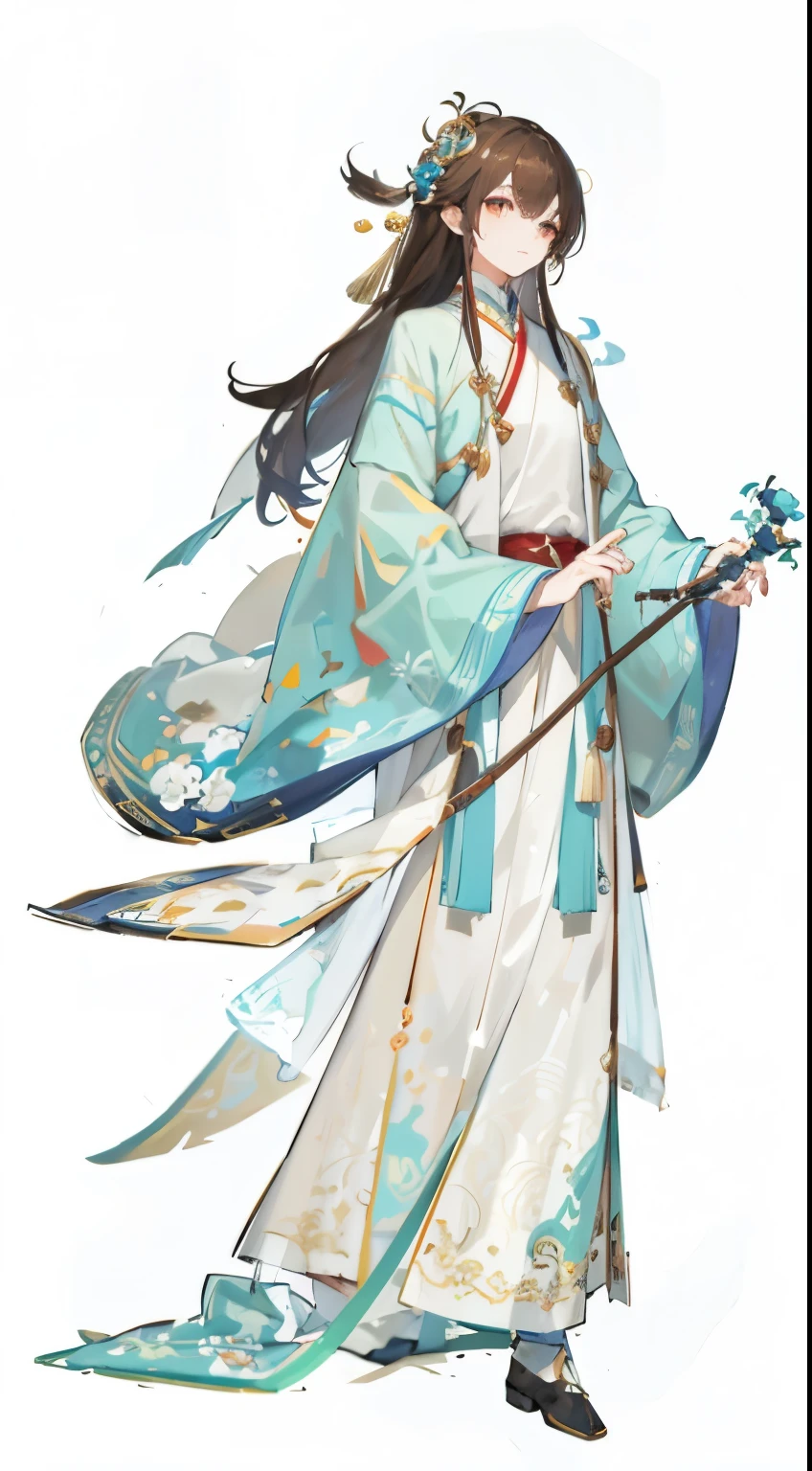 tmasterpiece,Best quality at best,1 young person,18yr old,Handsome, ancient Chinese costume, Stand and draw the whole body,Light brown hair,greene eyes,white clothes,(Hanfu, Ming style) rays of sunshine, Clear face, Clean white background, tmasterpiece, super detailing, Epic work, hyper HD, Super quality, The content is very detailed, offcial art, Unity8k wallpaper, super detailing, 32K