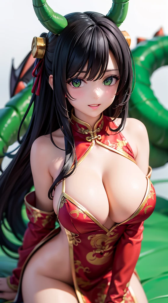 masterpiece, best quality, 8k, hires, detailed, 1girl, mature,detailed skin texture,black hair,long hair,pony tail,huge breast, half body, detailed face, cute face, young face, pure face,detailed red chinese dress,dragon pattern,sexy deep side slit,short length, (green shenron in the background:1.3),happy new year,