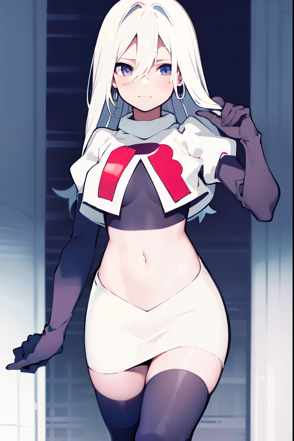 masterpiece, best quality, 1girl, solo, long_hair, looking_at_viewer, hair_between_eyes, jewelry, white_hair, team rocket,team rocket uniform,white skirt,red letter R,crop top,black thigh-high boots,black elbow gloves, curious