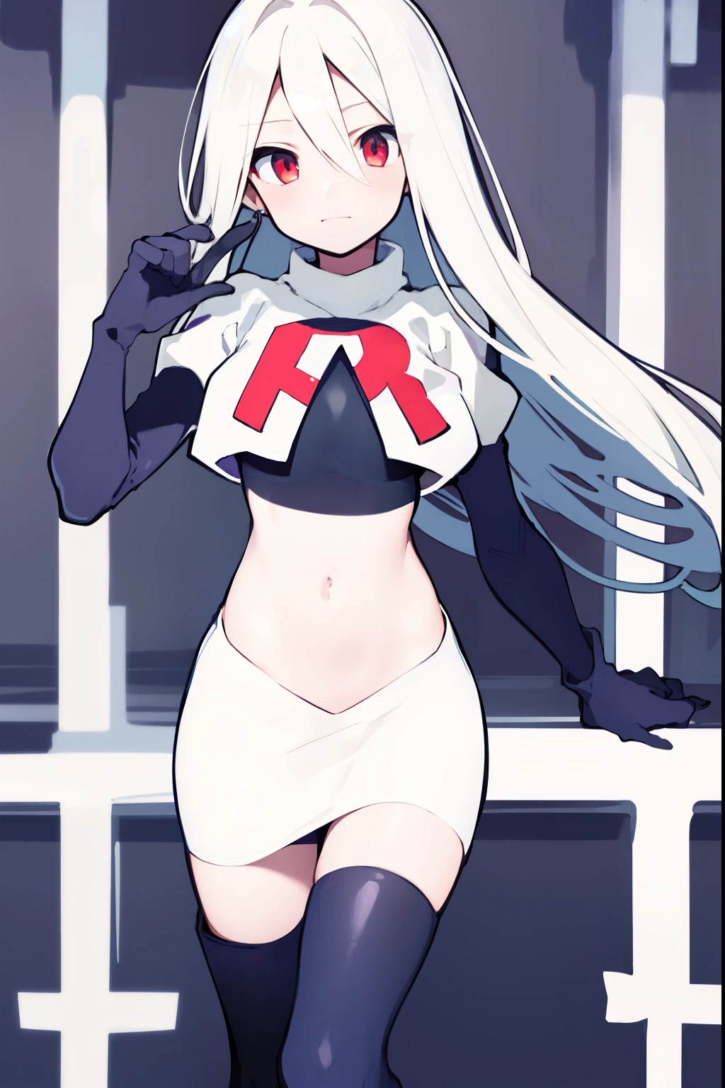 masterpiece, best quality, 1girl, solo, long_hair, looking_at_viewer, hair_between_eyes, jewelry, white_hair, team rocket,team rocket uniform,white skirt,red letter R,crop top,black thigh-high boots,black elbow gloves, curious