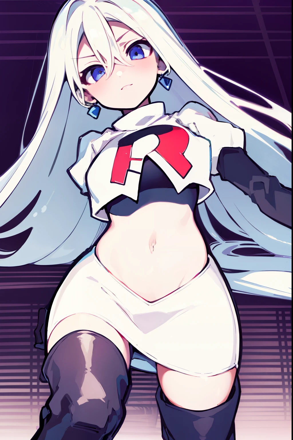 masterpiece, best quality, 1girl, solo, long_hair, looking_at_viewer, hair_between_eyes, jewelry, white_hair, team rocket,team rocket uniform,white skirt,red letter R,crop top,black thigh-high boots,black elbow gloves, curious