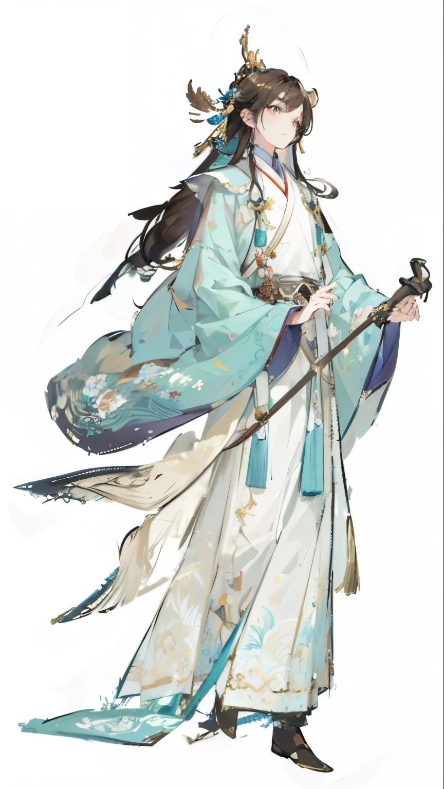 tmasterpiece,best quality,ung person,18yr old,Handsome, ancient Chinese costume, Stand and draw the whole body,Light brown hair,Mint green eyes,white clothes,(Hanfu, Ming style) rays of sunshine, Clear face, Clean white background, tmasterpiece, super detailing, Epic work, hyper HD, hyper qualit, The is very detailed, offcial art, Unity8k wallpapers, super detailing, 32K