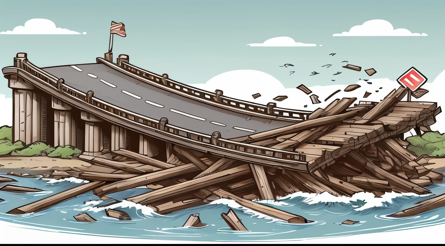 a cartoon of a bridge that was destroyed by a wave, Pontes quebradas, illustration daily deviation, dramatic illustration, detailed digital illustration, paper awesome wallpaper, illutstration, Directed by: Justin Gerard, Directed by: Matt Stewart, stylized digital illustration, extreme illustration, wallpaper mobile, dramatic artwork, vetor behance hd jesper ejsing, Directed by: Chris Rahn, illustration detailed