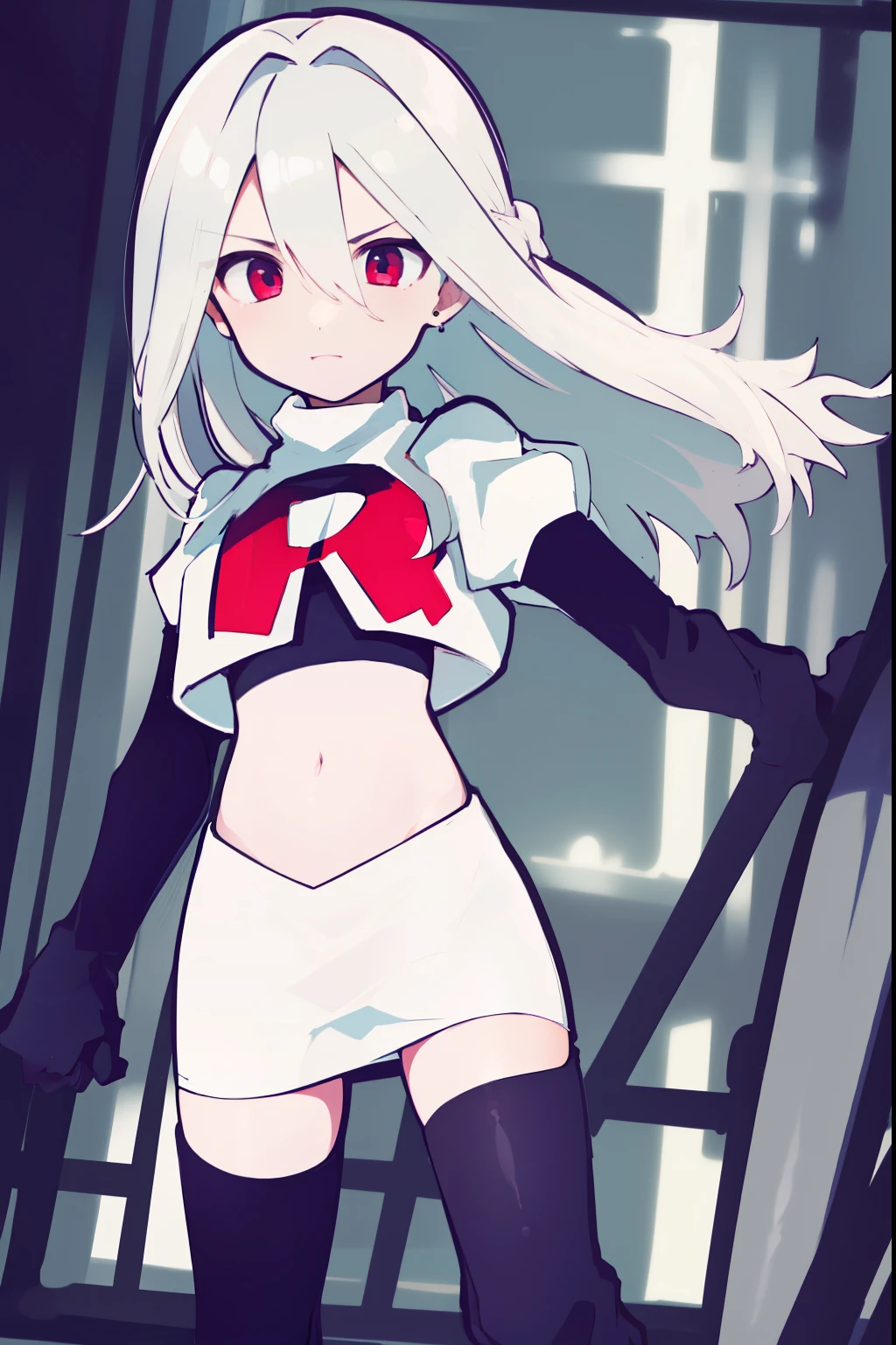 masterpiece, best quality, 1girl, solo, long_hair, looking_at_viewer, hair_between_eyes, jewelry, white_hair, team rocket,team rocket uniform,white skirt,red letter R,crop top,black thigh-high boots,black elbow gloves, curious