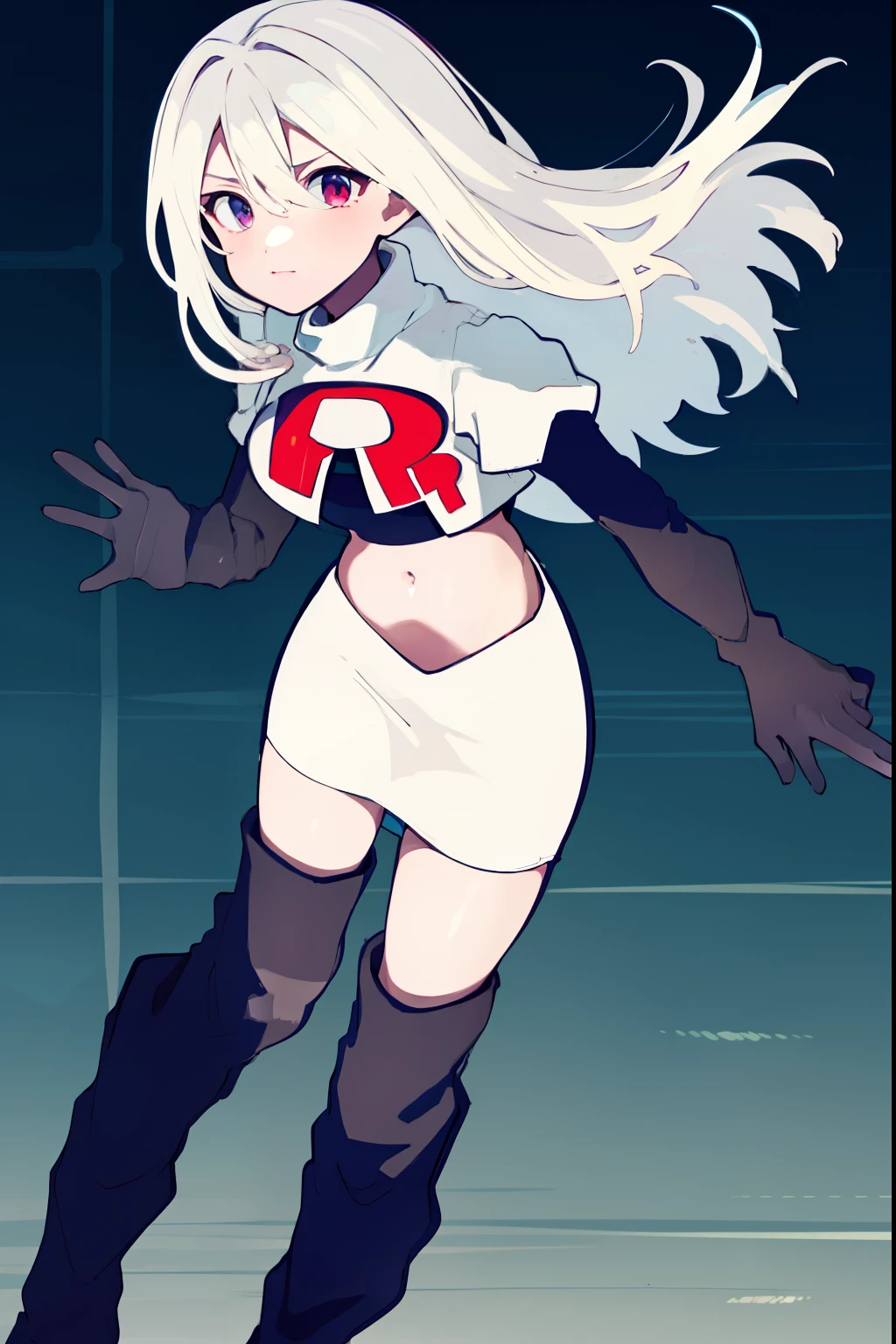 masterpiece, best quality, 1girl, solo, long_hair, looking_at_viewer, hair_between_eyes, jewelry, white_hair, team rocket,team rocket uniform,white skirt,red letter R,crop top,black thigh-high boots,black elbow gloves, curious
