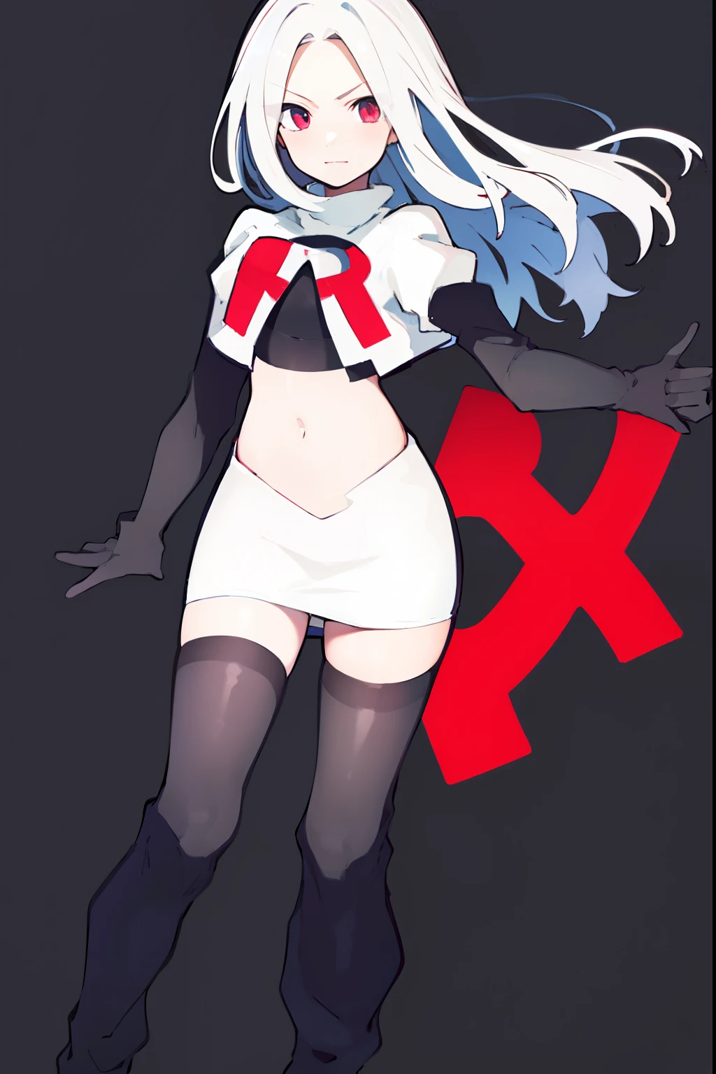 masterpiece, best quality, 1girl, solo, long_hair, looking_at_viewer, hair_between_eyes, jewelry, white_hair, team rocket,team rocket uniform,white skirt,red letter R,crop top,black thigh-high boots,black elbow gloves, curious