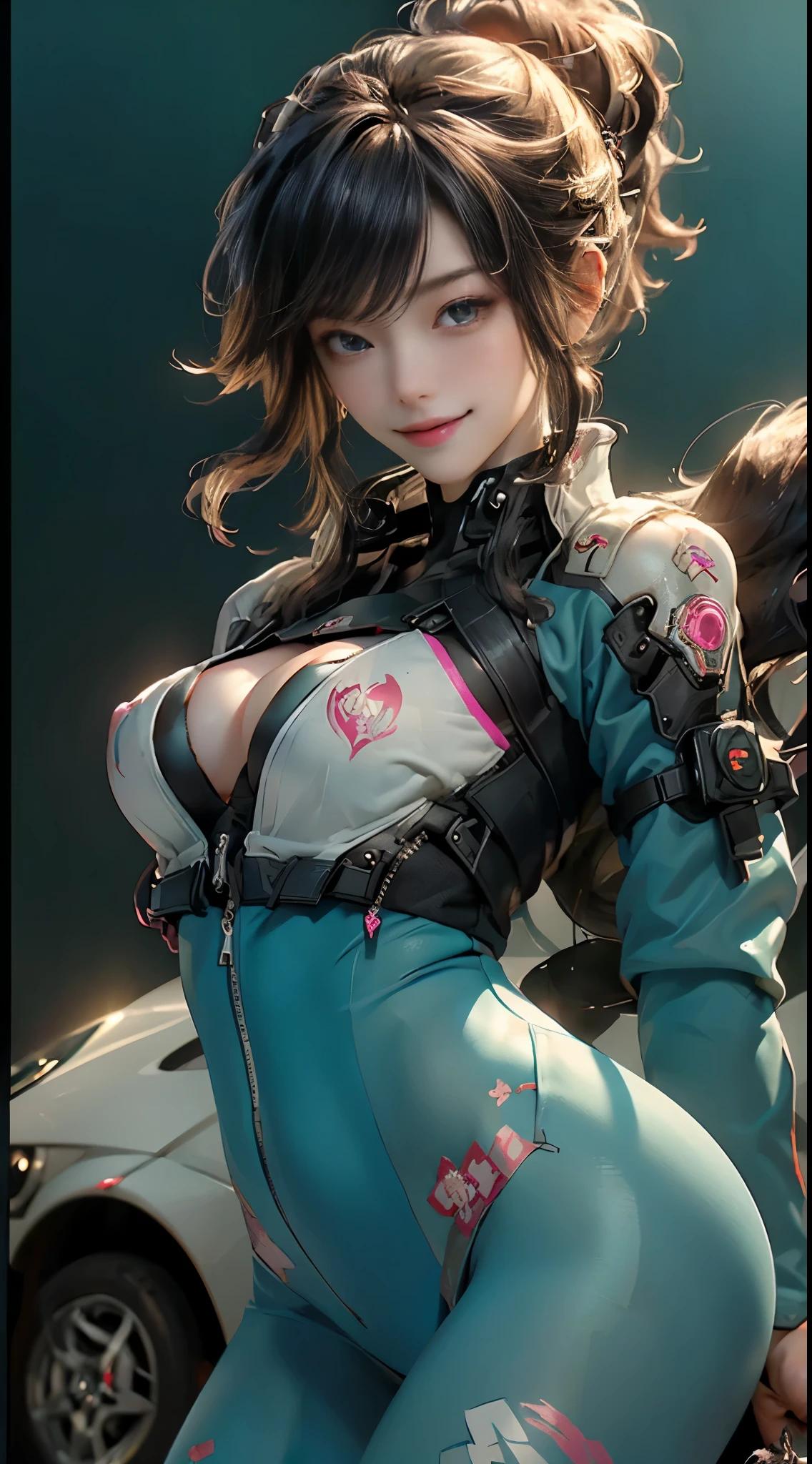 8K, Best Quality, Masterpiece, Ultra High Resolution, 1 Cyberpunk Girl wearing Harajuku tech jacket with corporate logos, skintight body armour, full body shot, Beautiful Eyes and Face Details, Masterpiece, Best Quality, Master Work, Excellent Details, High Quality Painting Details, Breath-Breathing Absolute Beauty, Collarbone, Slender Neck, Long Eyelashes, Sweet Eyes, Dynamic Angle Problem Extreme Picture Quality, Charming Smile, Glossy Lips, Supple Fair and Translucent Skin, Rich Details, Bright Colors, Strong Contrast, Soft Light Effects, Clear Outline, Streamlined, Charming smile, sparkling eyes, perfect body proportions, slender waist, large breasts, cleavage.