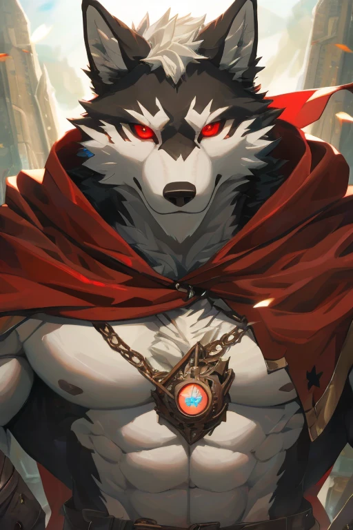 (ultimate death wolf) best quality, ultra high res,1furry boy， solo，detailed eyes, volumetric lighting, amazing, finely detail, cowboy shot, cloak , white fur, red eyes, white sclera, bright pupils, bright atmosphere, muscular, upper body, from below (remake)