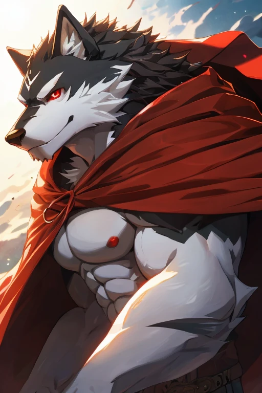 (ultimate death wolf) best quality, ultra high res,1furry boy, solo,detailed eyes, volumetric lighting, amazing, finely detail, cowboy shot, cloak , white fur, red eyes, white sclera, bright pupils, bright atmosphere, muscular, upper body, from below (remake)
