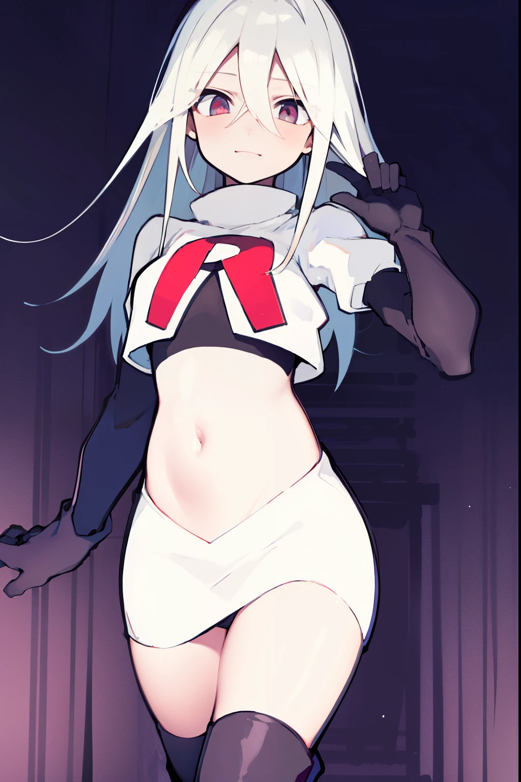 masterpiece, best quality, 1girl, solo, long_hair, looking_at_viewer, hair_between_eyes, jewelry, white_hair, team rocket,team rocket uniform,white skirt,red letter R,crop top,black thigh-high boots,black elbow gloves, scared