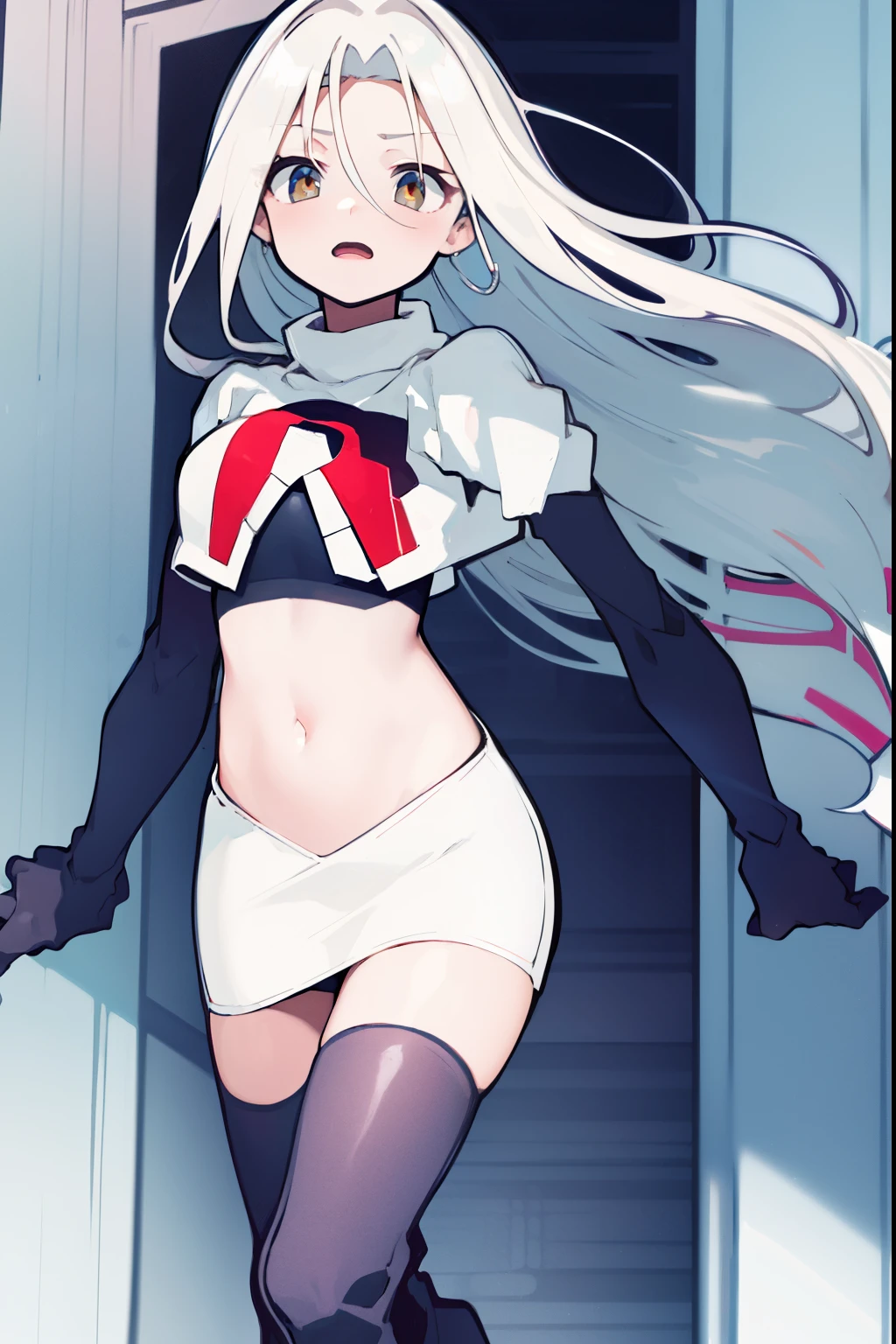 masterpiece, best quality, 1girl, solo, long_hair, looking_at_viewer, hair_between_eyes, jewelry, white_hair, team rocket,team rocket uniform,white skirt,red letter R,crop top,black thigh-high boots,black elbow gloves, scared
