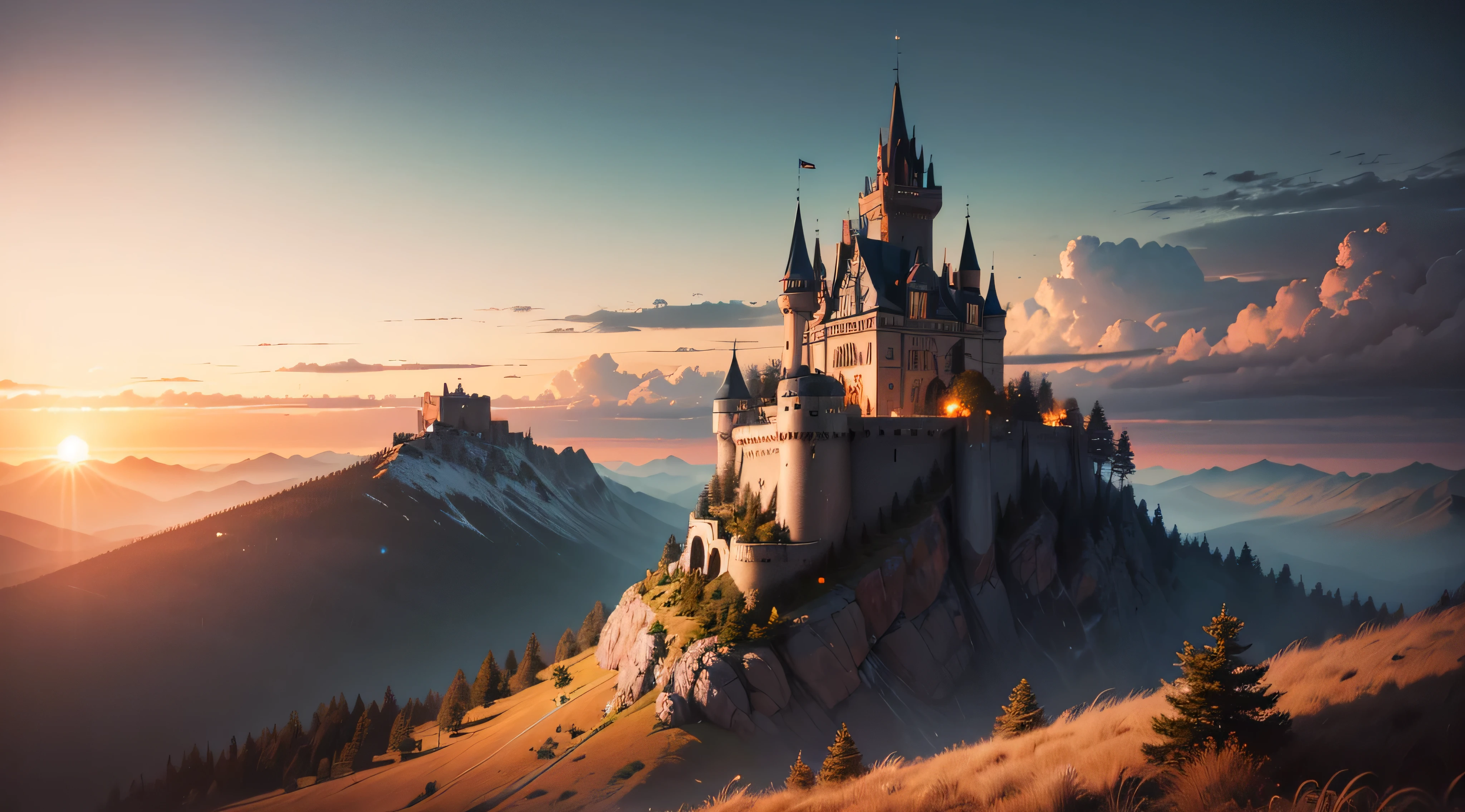castle in a mountain, sunset, sunbathed, clouds, masterpiece, best quality, high quality, extremely detailed CG unity 8k wallpaper, oil paiting, award winning photography, HDR, bloom ,Photorealistic, extremely detailed, trending on artstation, trending on CGsociety, Intricate, High Detail, dramatic, art by midjourney, volumetric lighting