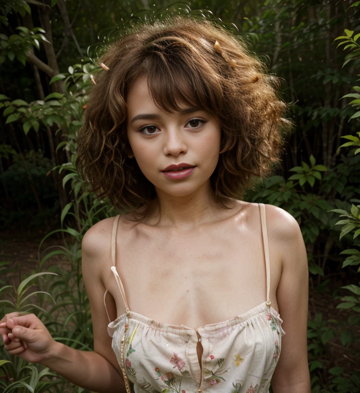 Portrait, Cecilia lion, short hair, fancy dress, in the background a meadow with trees, face, shy, blush on the cheek and nose