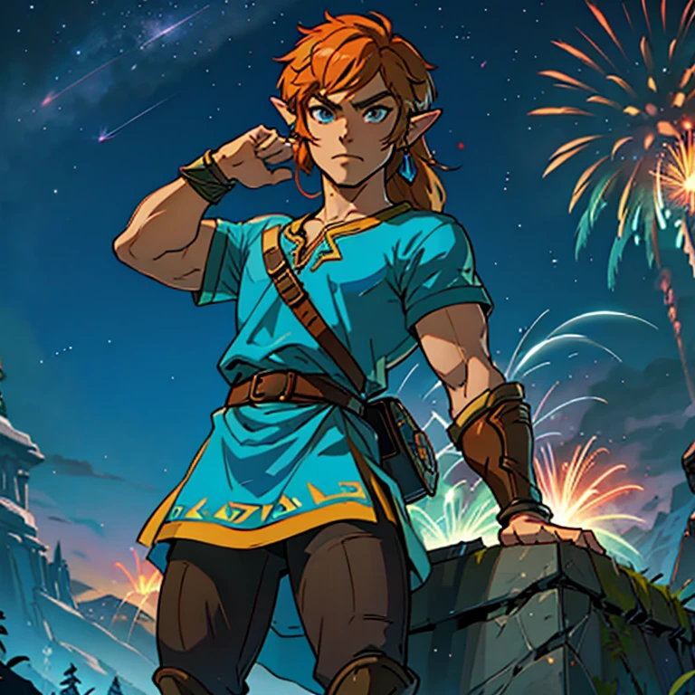 Personagem link do jogo zelda do Nintendo switch comemorando o ano novo. Very detailed scenery from the same game with fireworks exploding in the night sky.