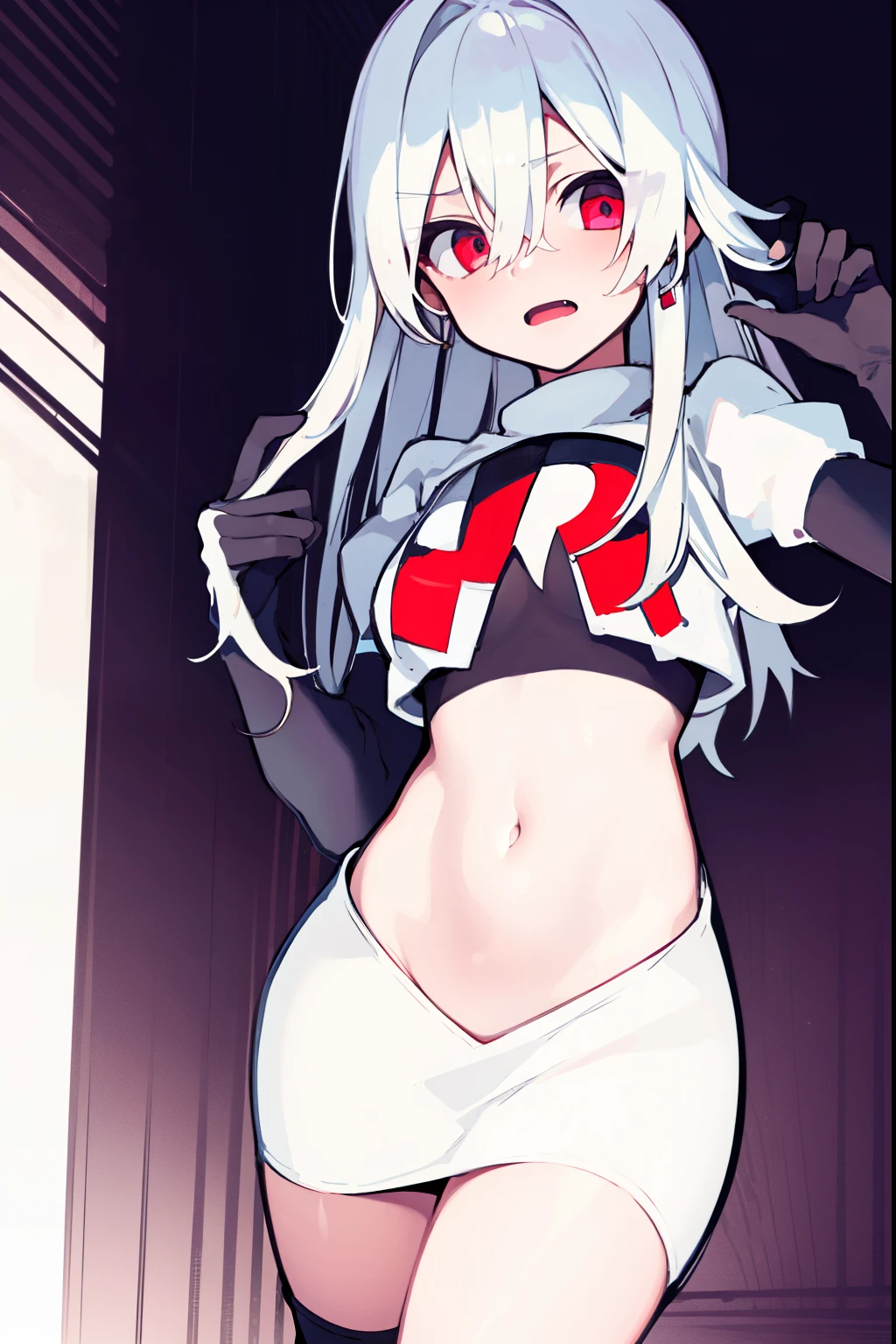 masterpiece, best quality, 1girl, solo, long_hair, looking_at_viewer, hair_between_eyes, jewelry, white_hair, team rocket,team rocket uniform,white skirt,red letter R,crop top,black thigh-high boots,black elbow gloves, scared