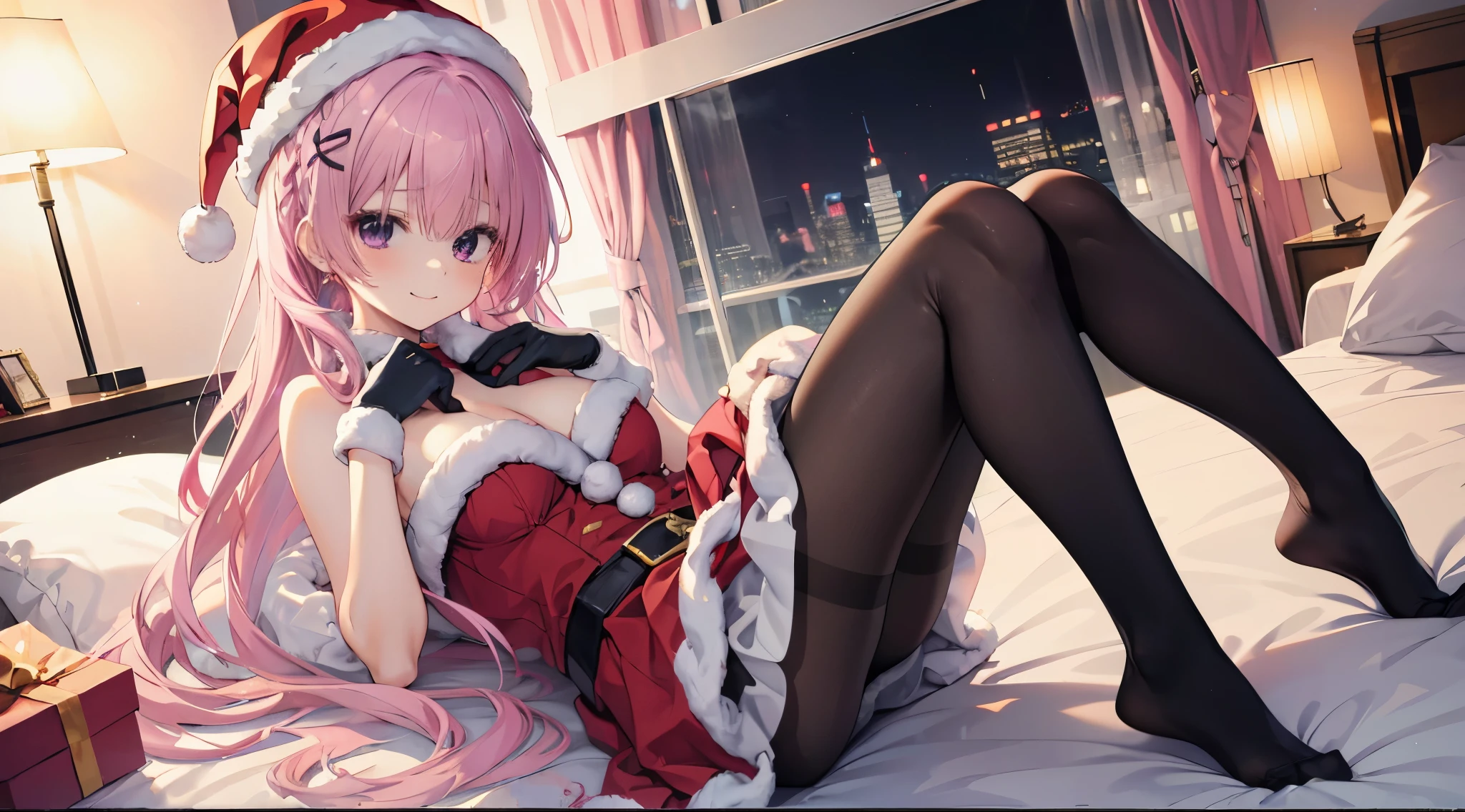 one-girl,soio,170cm height,45CM bust,A pink-haired,Purple eye,the night,gentleness,ssmile, Extremely detailed, Wearing miniskirt Santa Claus costume, Santa Claus costume with warm fur,In the bedroom,((lacepantyhose)),black glove,With bare arms,mitsukasa ayase