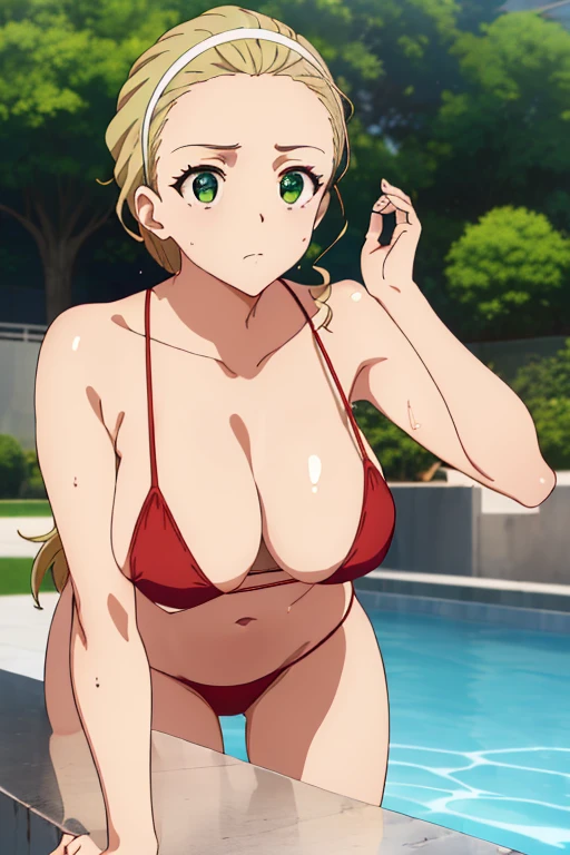 ((masterpiece、top-quality、detaile、hight resolution、extremely delicate and beautiful, anime screen cap, anime colours))、(red Micro Bikini:1.3)、(huge drooping breasts:1.5), (Leaning forward:1.8, front view:1.5), akebi sasaki, hairband, 1girl, dark green eyes, (cleavage:1.5, Hands down:1.3, Upper body:1.5), ((Beauty details of breasts and eyes, Shiny skin)), in poolside, Sweat