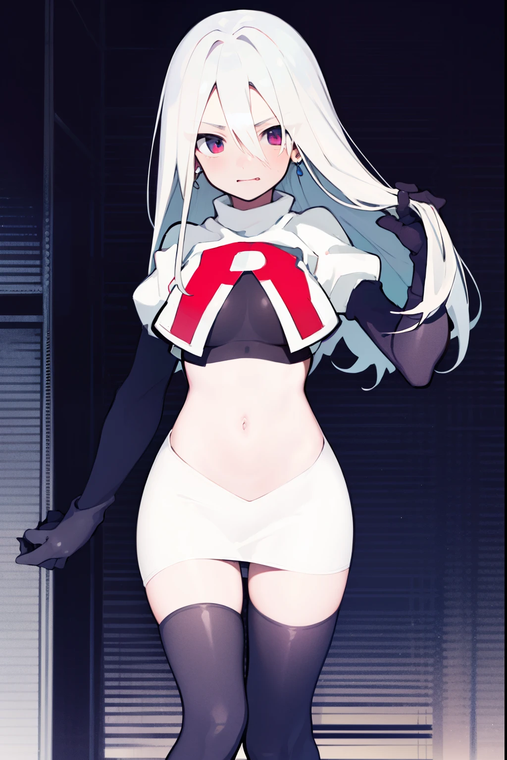 masterpiece, best quality, 1girl, solo, long_hair, looking_at_viewer, hair_between_eyes, jewelry, white_hair, team rocket,team rocket uniform,white skirt,red letter R,crop top,black thigh-high boots,black elbow gloves, scared