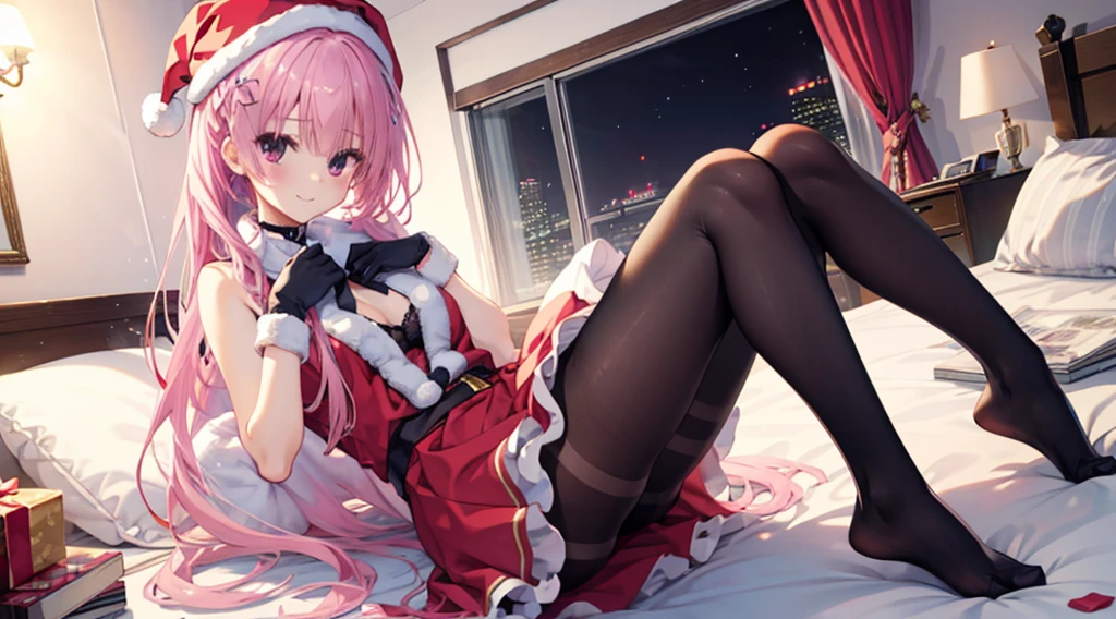 one-girl，soio，170cm height，45CM bust，A pink-haired，Purple eye，the night，gentleness，ssmile， Extremely detailed, Wearing miniskirt Santa Claus costume, Santa Claus costume with warm fur,In the bedroom，((lacepantyhose))，black glove，With bare arms，mitsukasa ayase