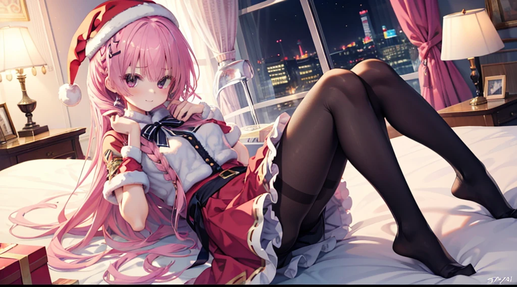 one-girl,soio,170cm height,45CM bust,A pink-haired,Purple eye,the night,gentleness,ssmile, Extremely detailed, Wearing miniskirt Santa Claus costume, Santa Claus costume with warm fur,In the bedroom,((lacepantyhose)),black glove,With bare arms,mitsukasa ayase